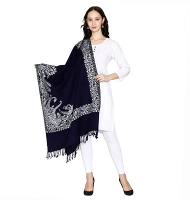 swi stylish Wool Embroidered Women Shawl(Dark Blue)