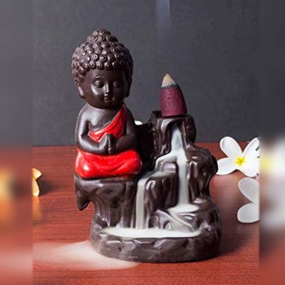 Siddhivinayak SiddhivinayakPolyresin Handcrafted Meditating Little Baby Monk Buddha Smoke Buddha Smoke Fountain Cone Incense Holder with 10 Incense Sticks Decorative Showpiece  -  6 cm(Polyresin, Black, Red)