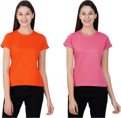 ESMONT Solid Women Round Neck Pink, Orange T-Shirt