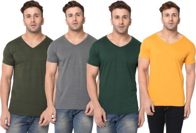 Unite Wear Solid Men V Neck Dark Green, Grey, Yellow T-Shirt