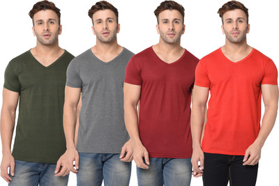Jangoboy Solid Men V Neck Multicolor T-Shirt