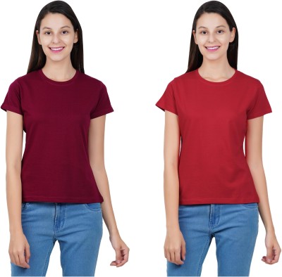 ESMONT Solid Women Round Neck Red, Maroon T-Shirt