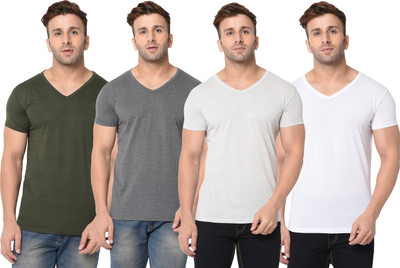 Jangoboy Solid Men V Neck Dark Green, White, Grey T-Shirt