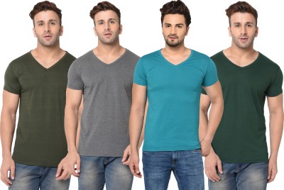 Jaskart Solid Men V Neck Dark Green, Blue, Grey T-Shirt