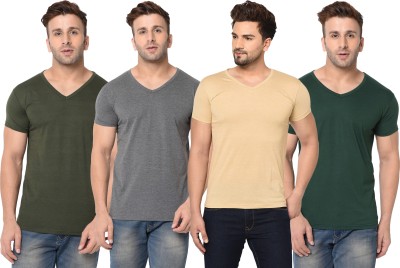 Jangoboy Solid Men V Neck Green, Grey, Beige T-Shirt
