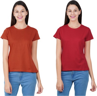 ESMONT Solid Women Round Neck Red, Orange T-Shirt