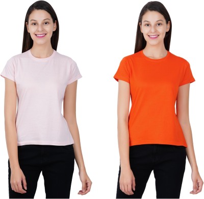 ESMONT Solid Women Round Neck Pink, Orange T-Shirt