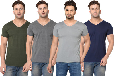 Jangoboy Solid Men V Neck Dark Blue, Dark Green, Grey T-Shirt