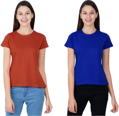 ESMONT Solid Women Round Neck Maroon, Blue T-Shirt