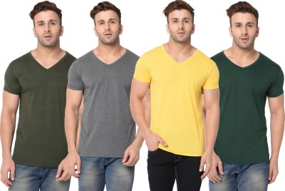 Jangoboy Solid Men V Neck Dark Green, Grey, Yellow T-Shirt