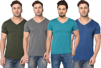 Jangoboy Solid Men V Neck Multicolor T-Shirt