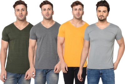 Tivy Solid Men V Neck Dark Green, Grey, Yellow T-Shirt