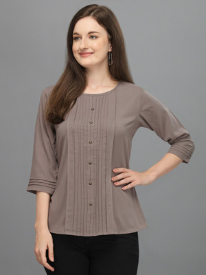 Prettify Casual 3/4 Sleeve Embellished Women Grey Top