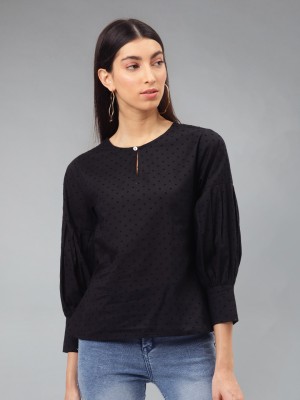 THE DRY STATE Casual 3/4 Sleeve Solid Women Black Top