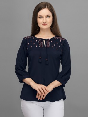 Prettify Casual Bishop Sleeve Embroidered Women Blue Top