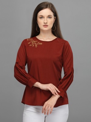 Prettify Casual Bishop Sleeve Embroidered Women Maroon Top