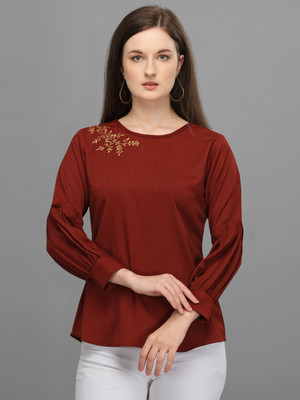 Prettify Casual Bishop Sleeve Embroidered Women Maroon Top