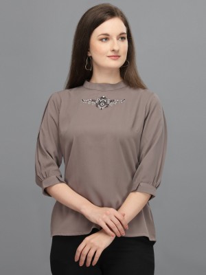 Prettify Casual Bishop Sleeve Embroidered Women Grey Top