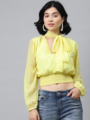 SASSAFRAS Casual Full Sleeve Self Design Women Yellow Top