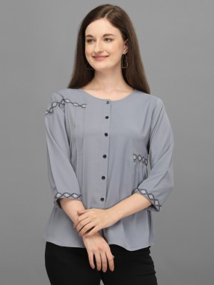 Prettify Casual Bishop Sleeve Embroidered Women Grey Top