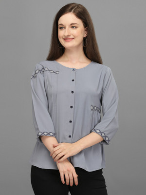 Prettify Casual Bishop Sleeve Embroidered Women Grey Top