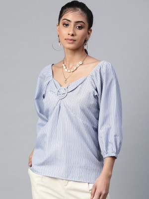 SASSAFRAS Casual 3/4 Sleeve Striped Women White, Blue Top