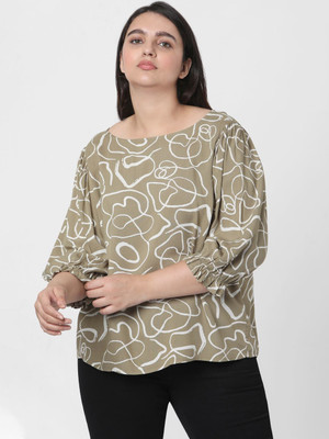 Vero Moda Curve Casual 3/4 Sleeve Printed Women Green Top