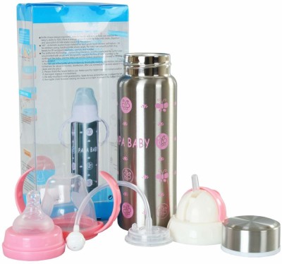 GRAYSEE Baby Feeding Bottle Thermo-Steel Multifunctional-Sipper, Nipple & Straw ,Water Feeding Bottle, 240 ML - 240 ml(Silver, Pink)