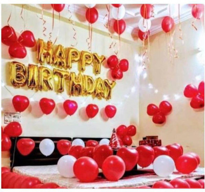 Devansh enterprises Solid Golden Happy Birthday Foil Letter Balloons With 30 Red & White Large Balloons Balloon(Red, White, Gold, Pack of 43)