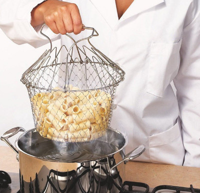 TAGORE Chef Basket 12 in 1 Kitchen Tool for Cook, Deep Fry, Boiling Solid Steel Delux Collapsible Deep Frying Basket(Silver Pack of 1)