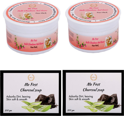 ME FIRST 2 Chandan Kesar Haldi Face Pack For Glowing Skin ( 2 × 50gm ) + 2 Activated Charcoal Soap For Reduce Acne & Pore Size ( 2 × 100gm )(2 Items in the set)