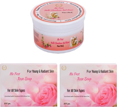 ME FIRST 1 Chandan Kesar Haldi Face Pack ( 50gm ) + 2 Rose soap For glowing , Young & Radiant skin ( 2 × 100gm )(3 Items in the set)