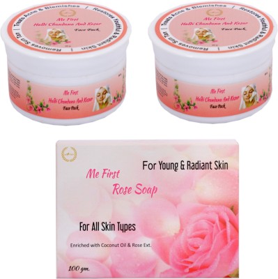 ME FIRST 2 Chandan Kesar Haldi Face Pack ( 2 × 50gm ) + 1 Rose soap For glowing , Young & Radiant skin ( 100gm )(3 Items in the set)