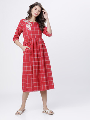 Vishudh Women A-line Red Midi/Calf Length Dress