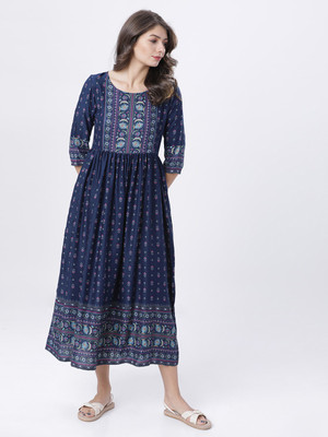 Vishudh Women A-line Blue Midi/Calf Length Dress