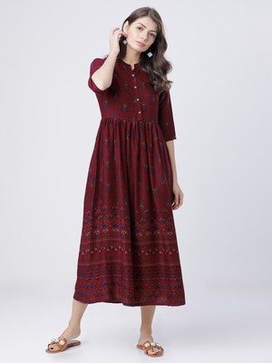 Vishudh Women A-line Red Midi/Calf Length Dress