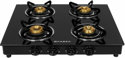 FABER COOKTOP DAISY PRO 4BB Brass Burner with Lighter & Hose Pipe Glass Manual Gas Stove(4 Burners)