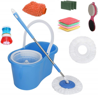 Golatek JSN 360Â° Spin Floor Cleaning Easy Magic Plastic Bucket Mop with 2 Microfiber Heads Mop Set