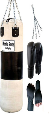 Monika Sports 3 Feet Unfilled Punching Bag With Hanging chain + Pair of Boxing Gloves + Pair of Boxing Handwrap Boxing Kit Monika Sports 3 Feet Unfilled Punching Bag With Hanging chain + Pair of Boxing Gloves + Pair of Boxing Handwrap Boxing Kit