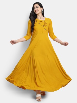 Globon Impex Women Solid Gown Kurta(Yellow)