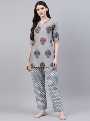 Stylum Women Floral Print Grey, White, Brown Top & Pyjama Set