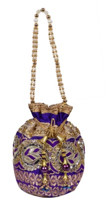 Sunesh Creation Women's Potli Bag Raw Silk Floral Ethnic Embroidered Potli Bag (16 x 11 x 21 cm) Potli