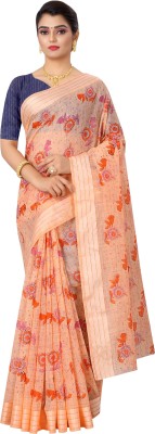 APERA Floral Print Daily Wear Cotton Blend Saree(Orange)