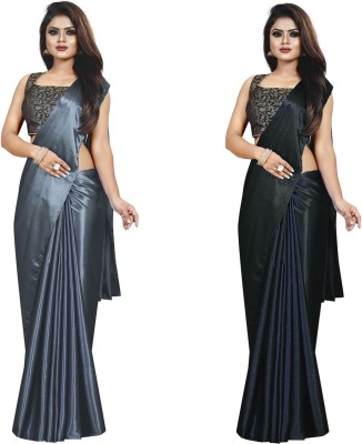 Amiga fashion Solid/Plain Bollywood Satin Saree(Pack of 2, Black, Grey)