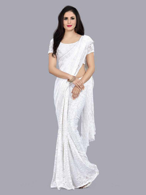 UNICK Solid/Plain Bollywood Net Saree(White)