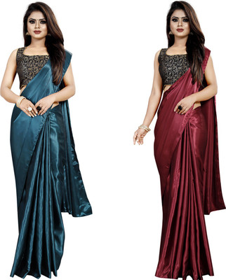 Amiga fashion Solid/Plain Bollywood Satin Saree(Pack of 2, Light Blue, Maroon)