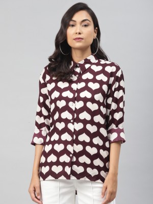 SASSAFRAS Women Printed Casual White, Maroon Shirt