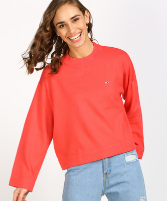 TOMMY HILFIGER Solid Round Neck Casual Women Pink Sweater