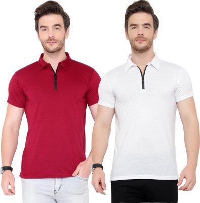 Adorbs Solid Men Polo Neck White, Maroon T-Shirt