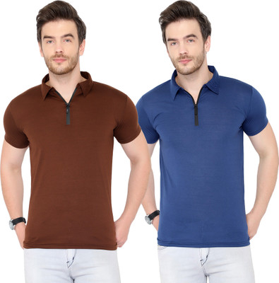 Jangoboy Solid Men Polo Neck Dark Blue, Brown T-Shirt